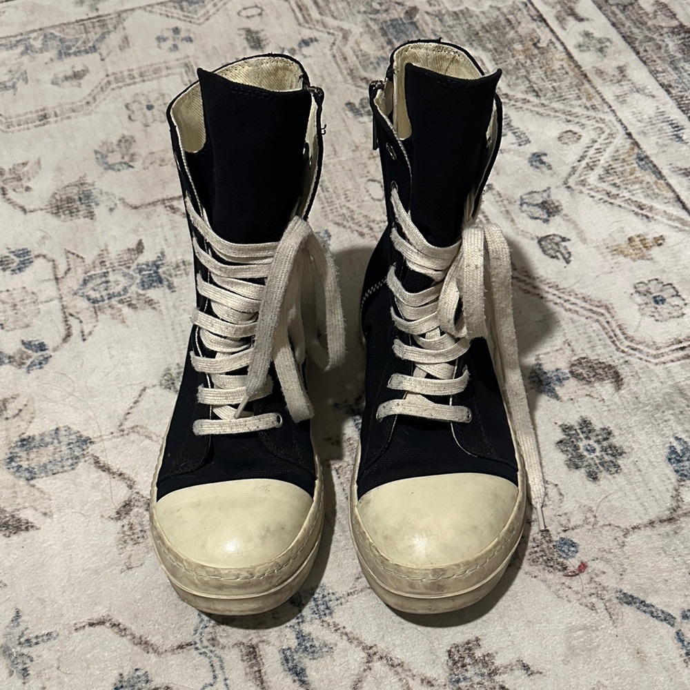 Rick Owens Black and Cream Lace-Up Boots